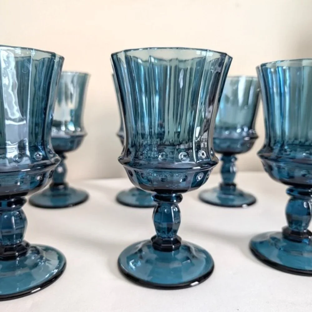 Set of‎ Six Mid Century Smoky Blue Water/Wine Goblets